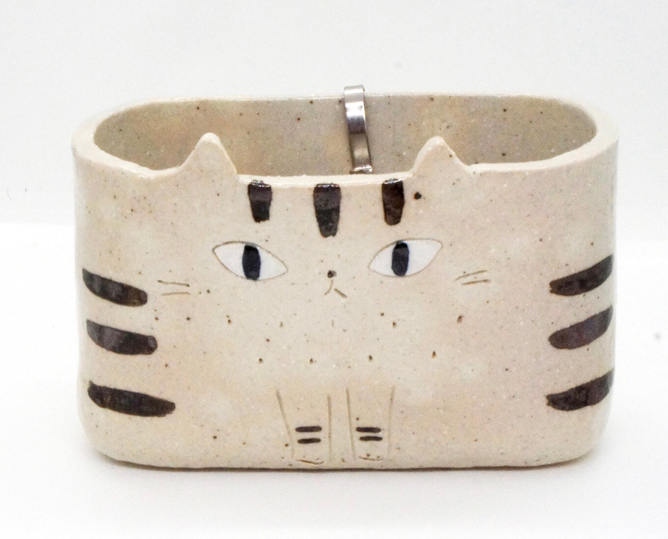 White Striped Ceramic Kitty • Incense / Pencil Holder • Made in Japan